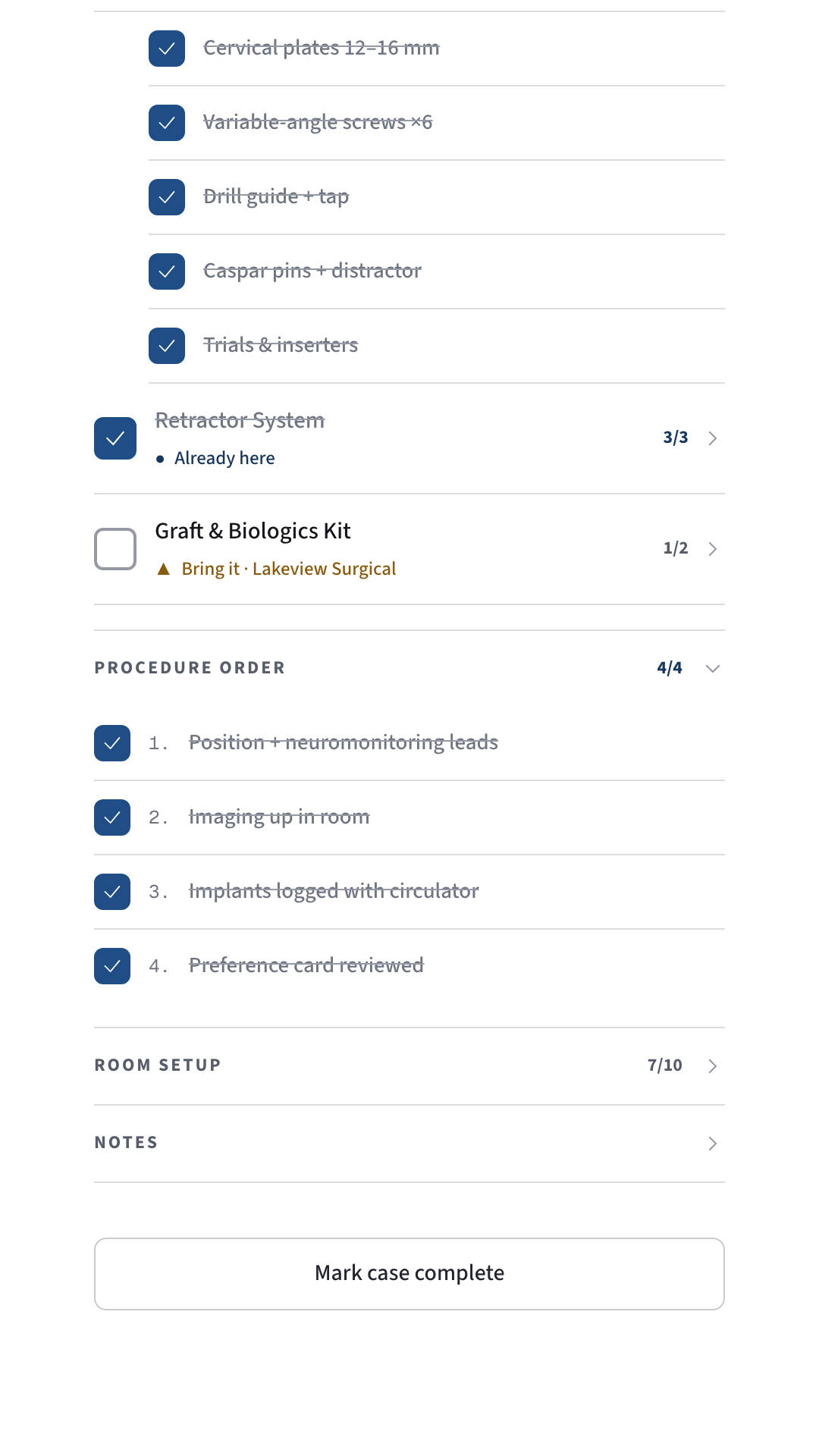 Dash case-prep checklist — instruments ticked off, sets rolling up to ready