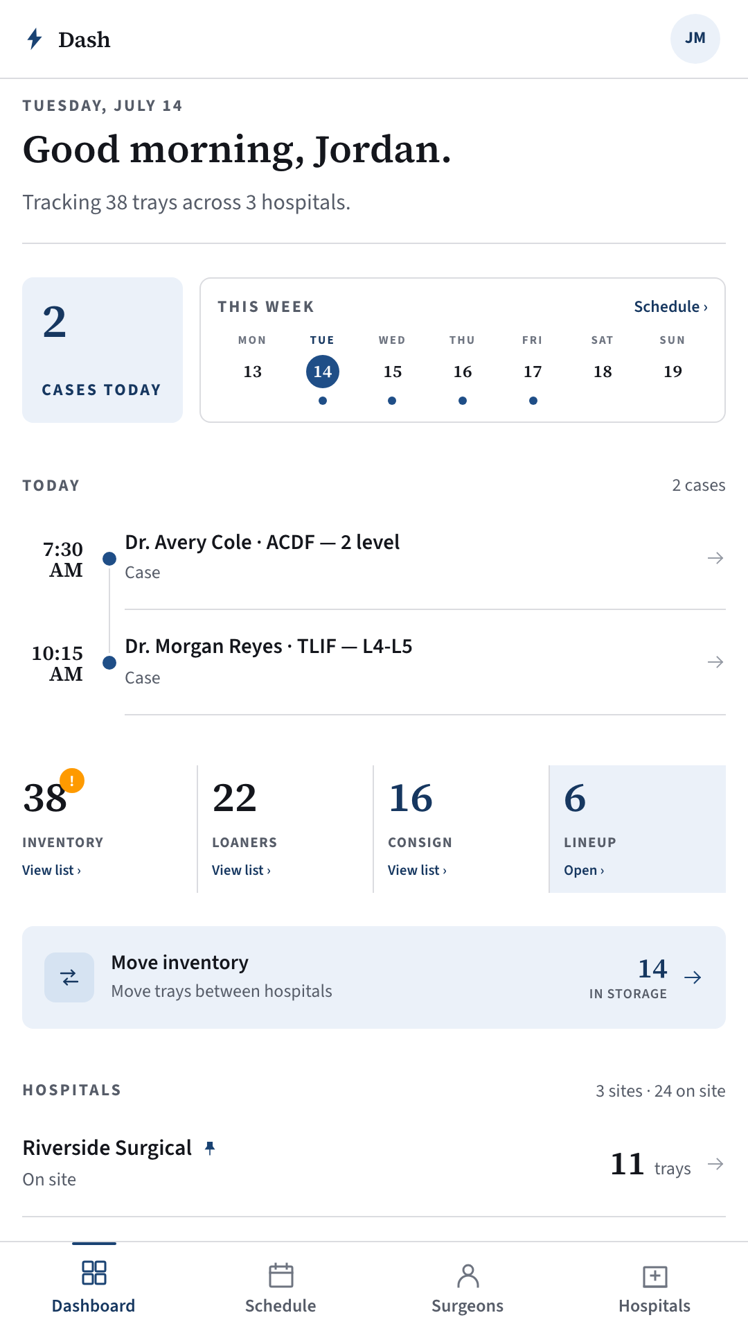 Dashboard — Today's cases and your whole inventory, one screen.