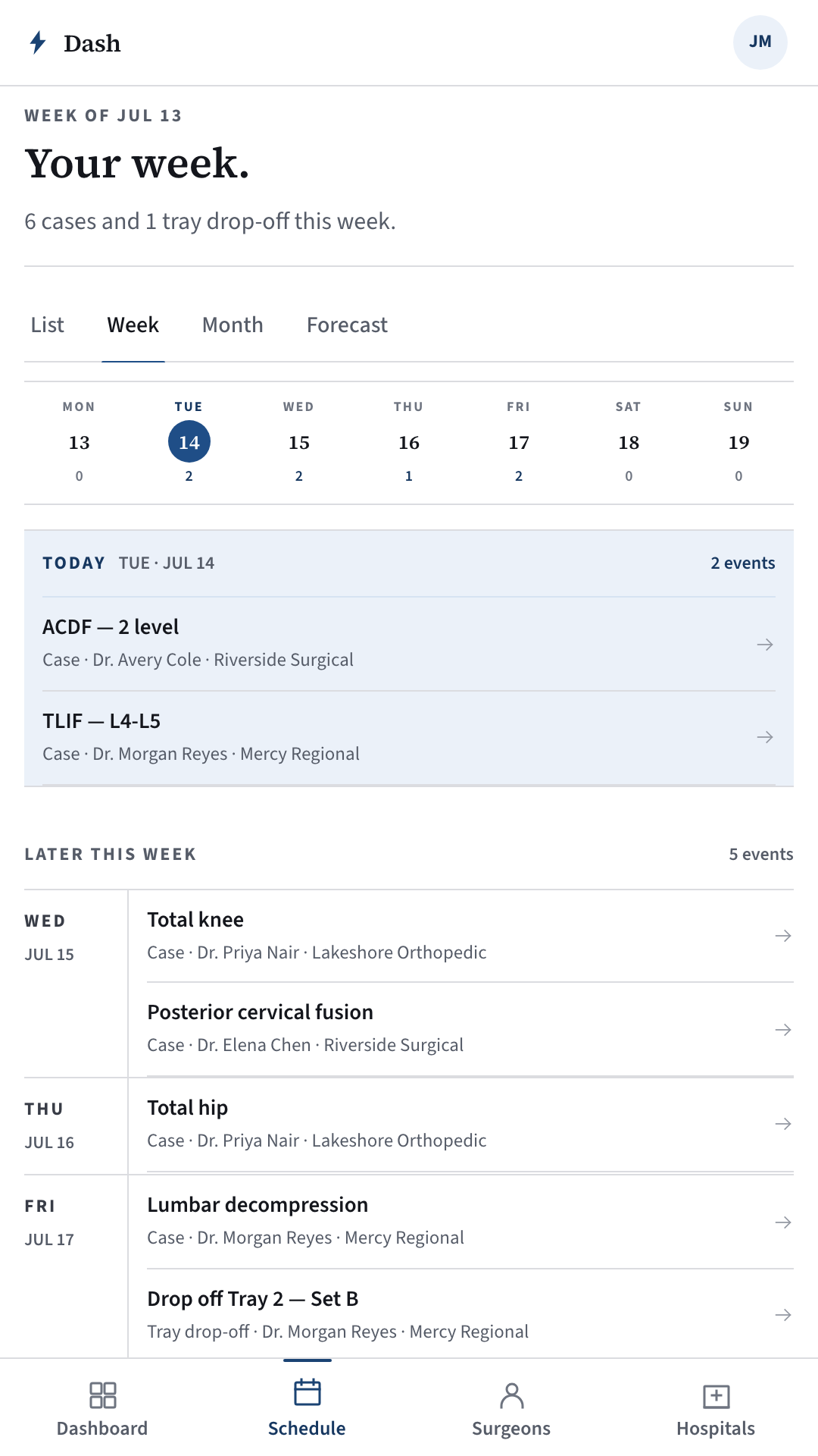 Dash schedule — the week's cases laid out day by day